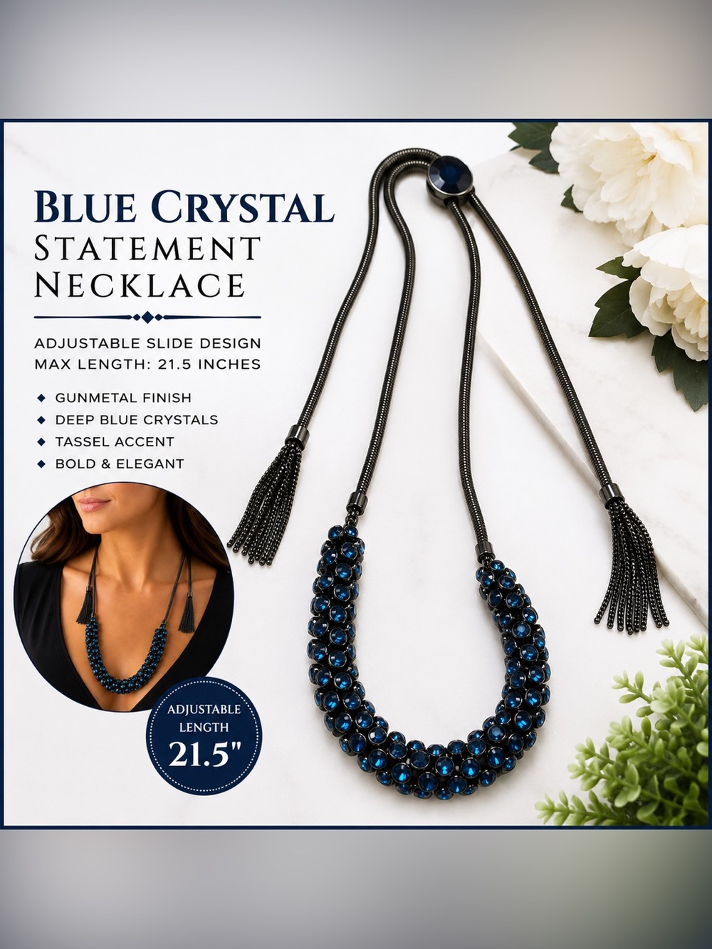 Blue Crystal Statement Necklace - Adjustable Slide Length